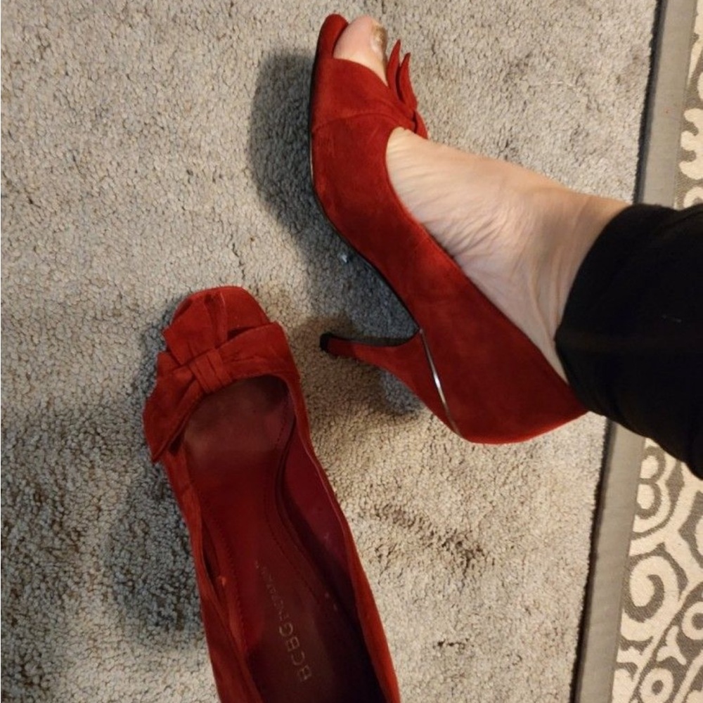 BCBG Red Suede Peep-Toe Heels